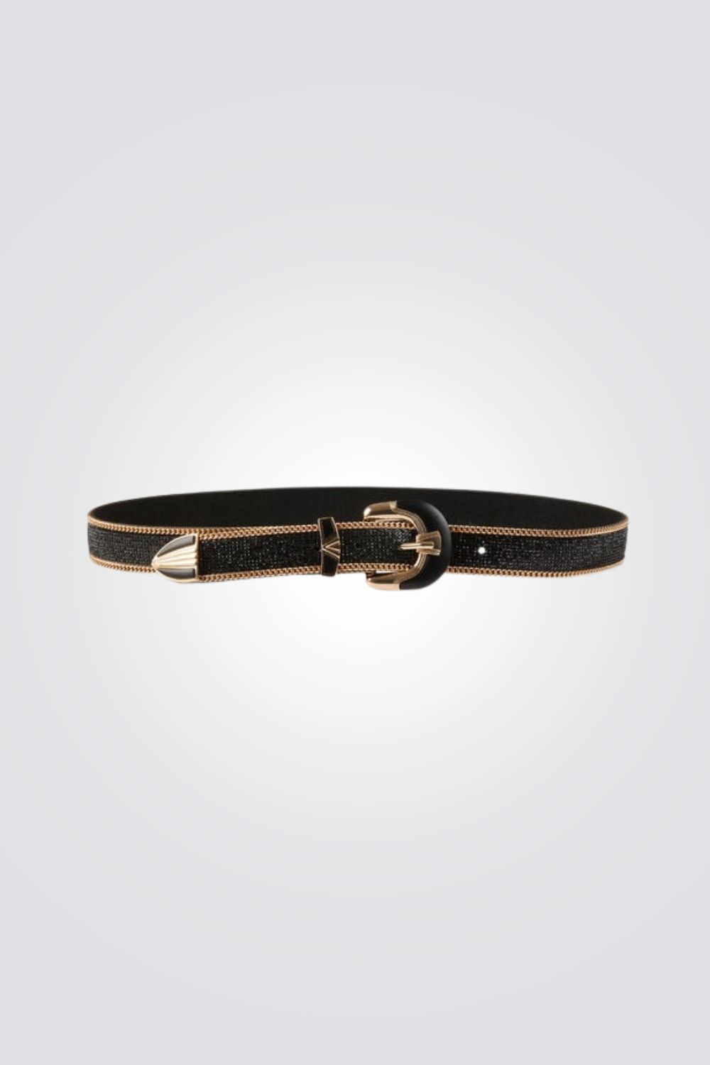 חגורה לנשים בצבע שחור עם עיטור אבני חן ושרשראות זהב | מורגן