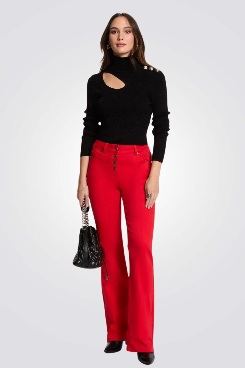 מכנסיים ארוכים Bootcut כפתורים דקורטיביים בצבע אדום