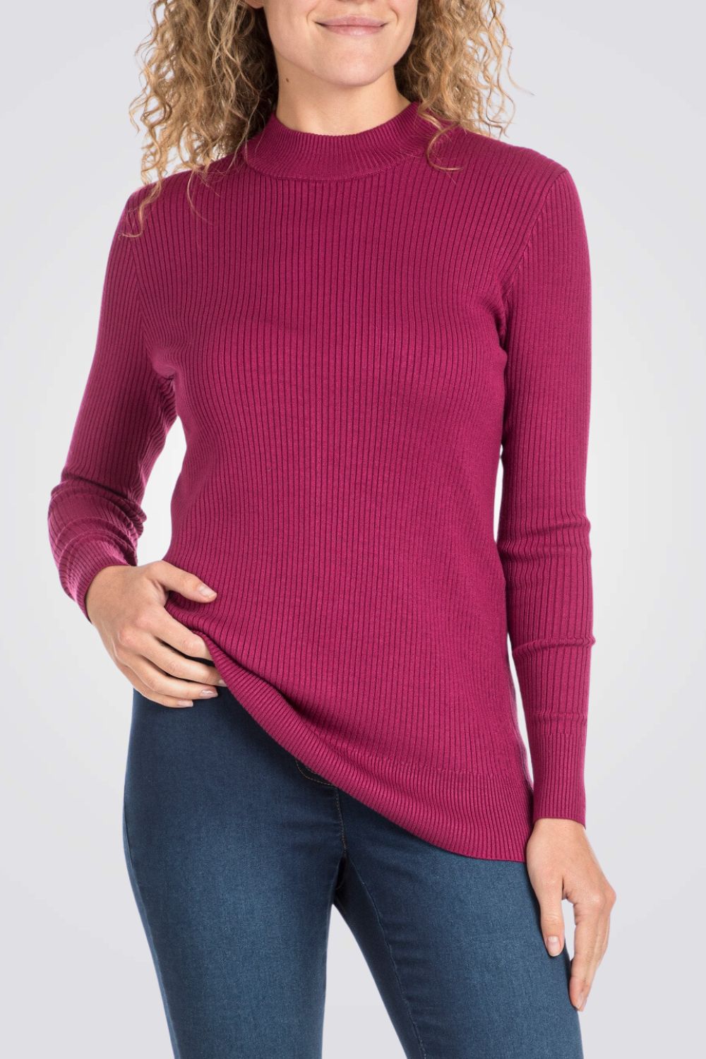 סריג ג'רסי ריב צווארון גבוה בצבע ורוד פוקסיה