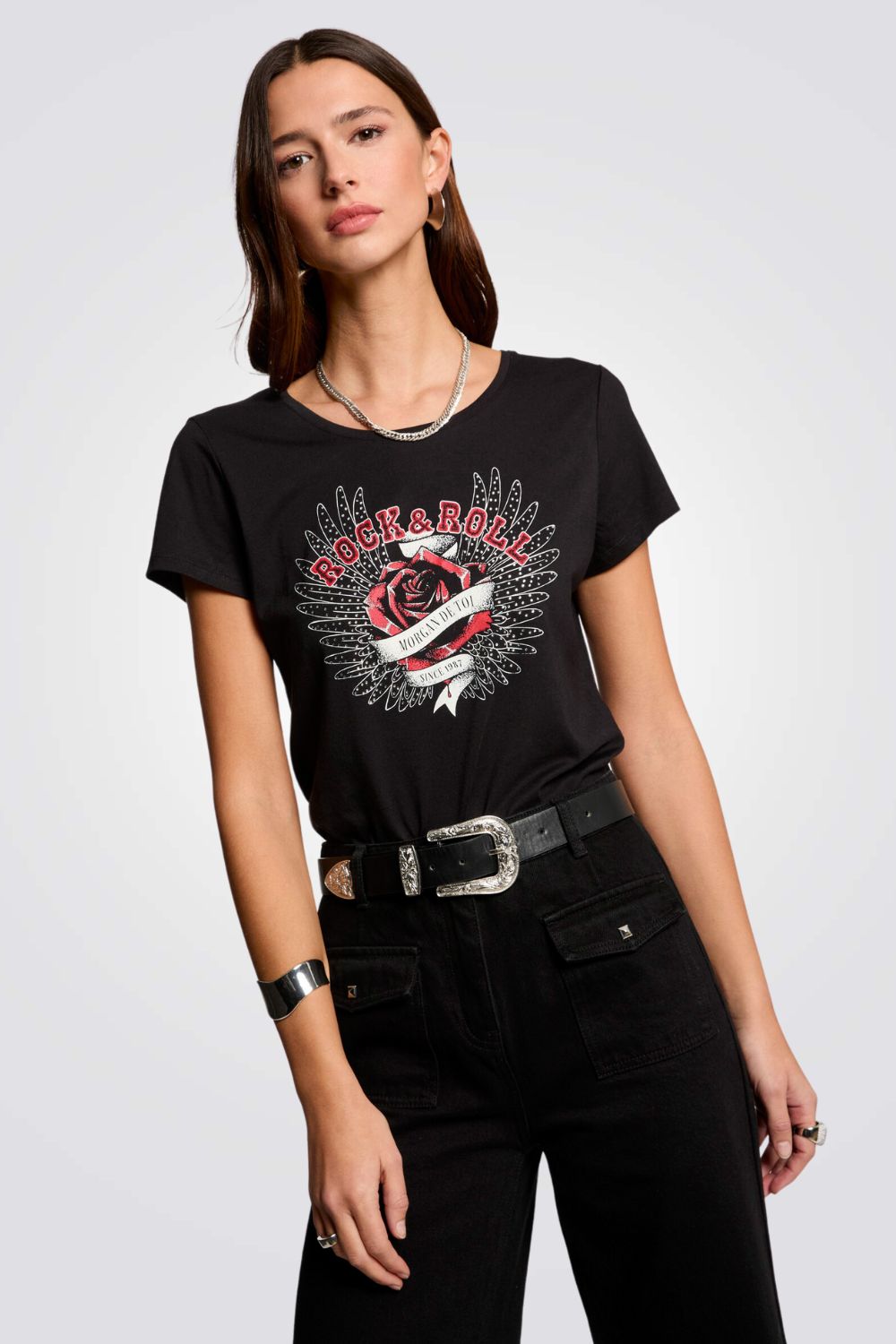 טישירט הדפס בחזית ROCK & ROLL