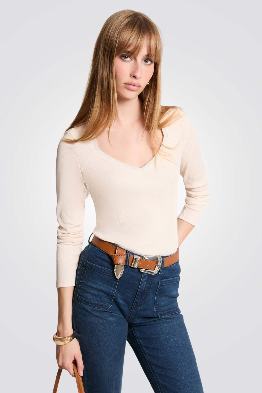 טישירט ריב שרוול ארוך בצבע שמנת