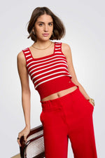 גופיית סריג הדפס פסים בצבע אדום/לבן