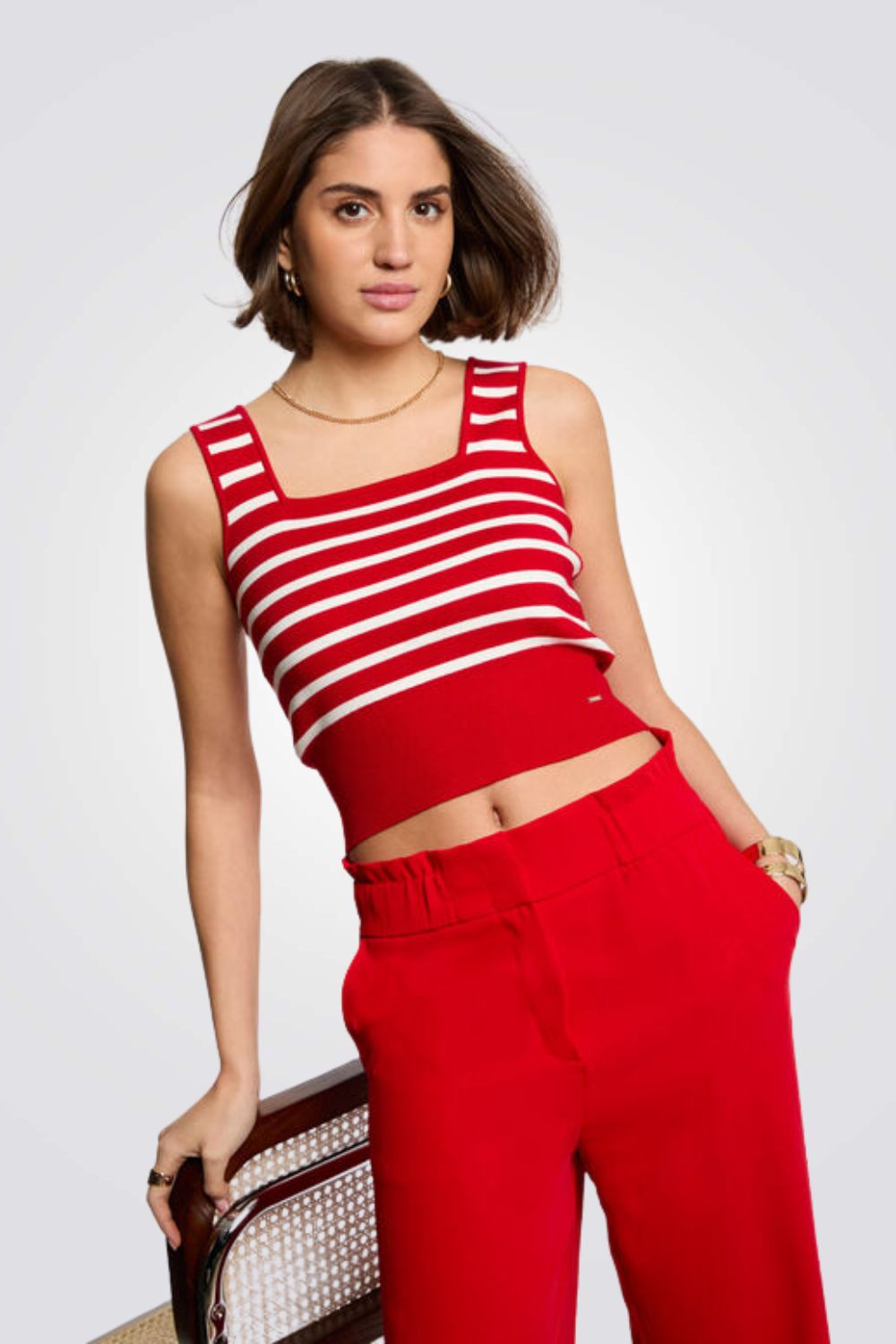 גופיית סריג הדפס פסים בצבע אדום/לבן