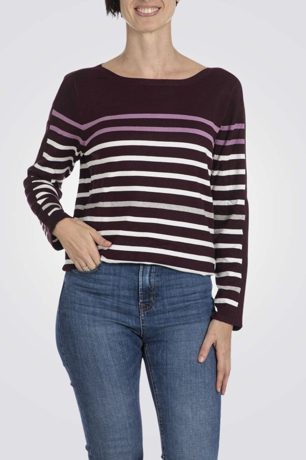 סריג פסים שרוולי שלושת רבעי בצבע חציל