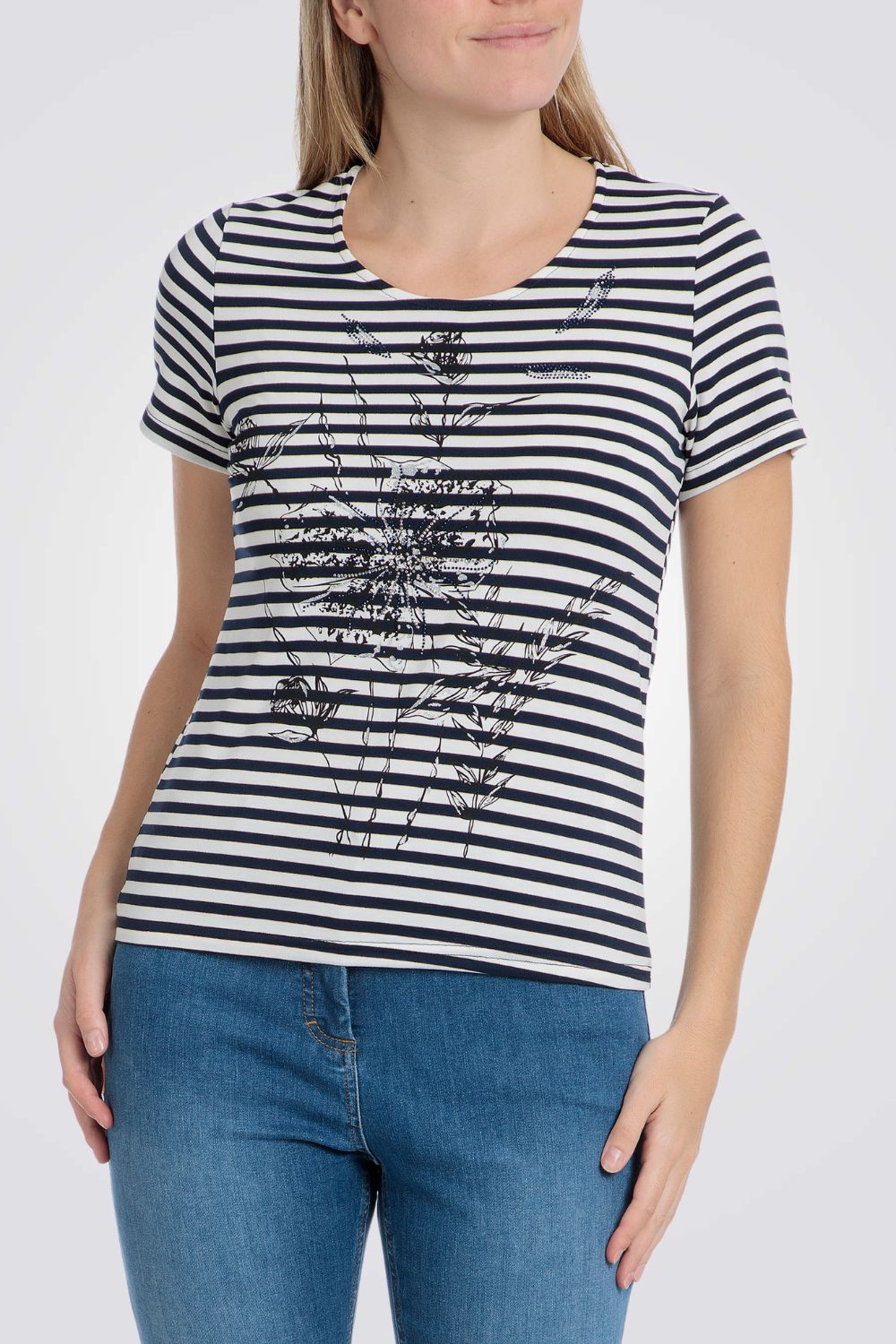 טישירט הדפס פסים עם עיטור פרחוני