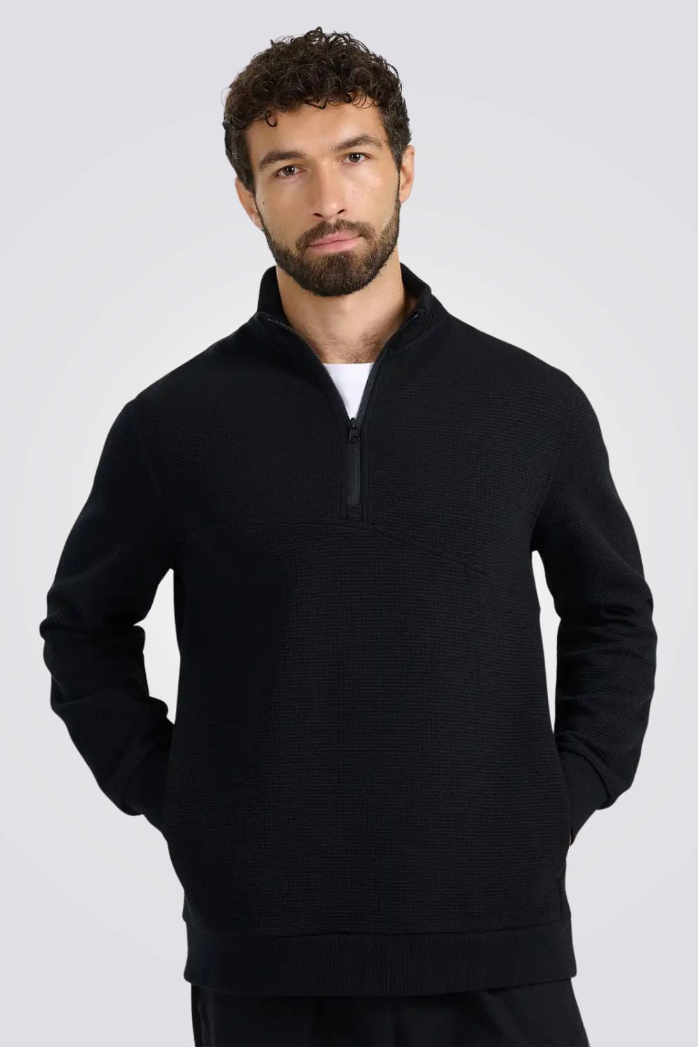 סווטשירט חצי רוכסן בטקסטורת וואפל לגברים | 4F