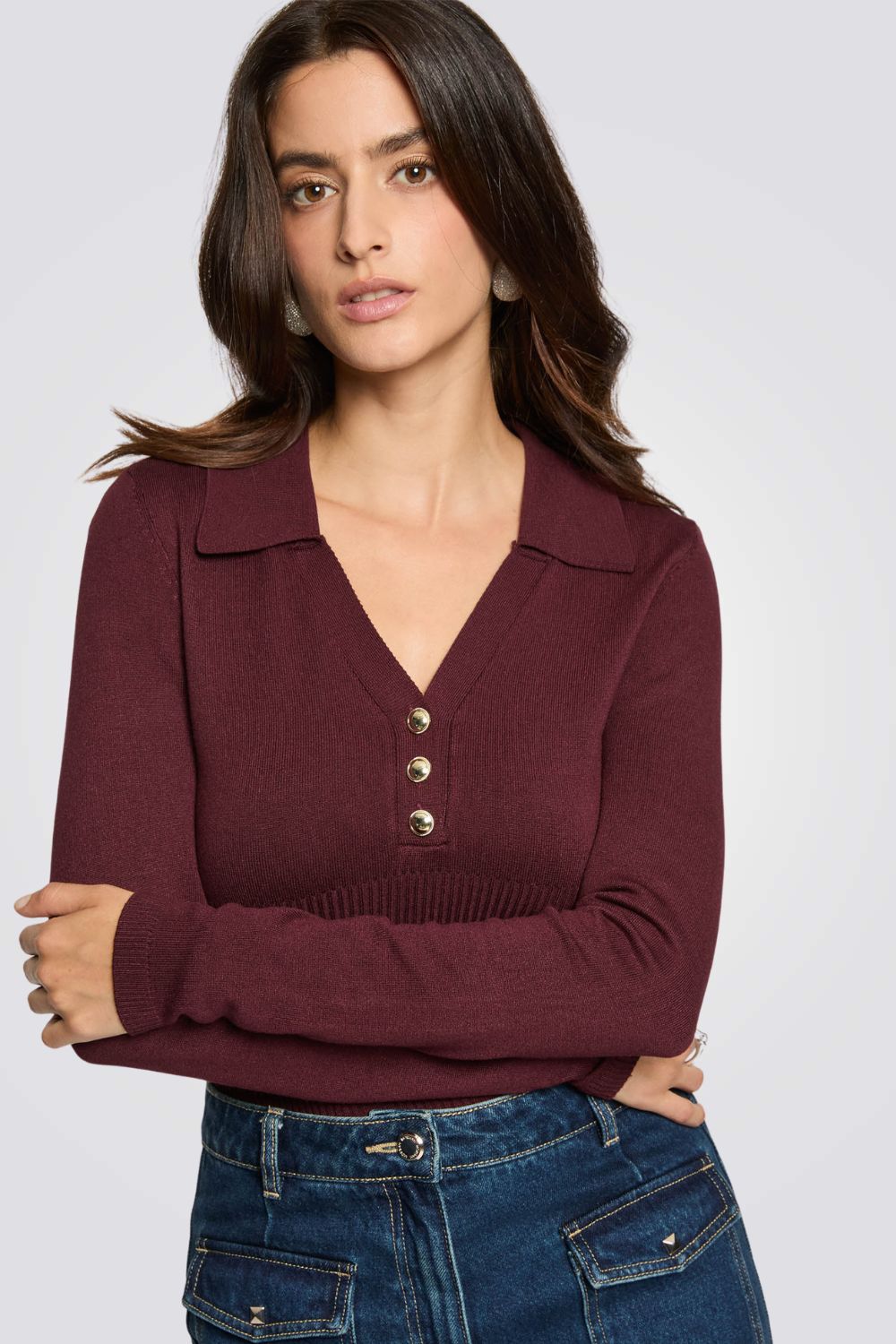 חולצת סריג עם צווארון פולו לנשים | מורגן