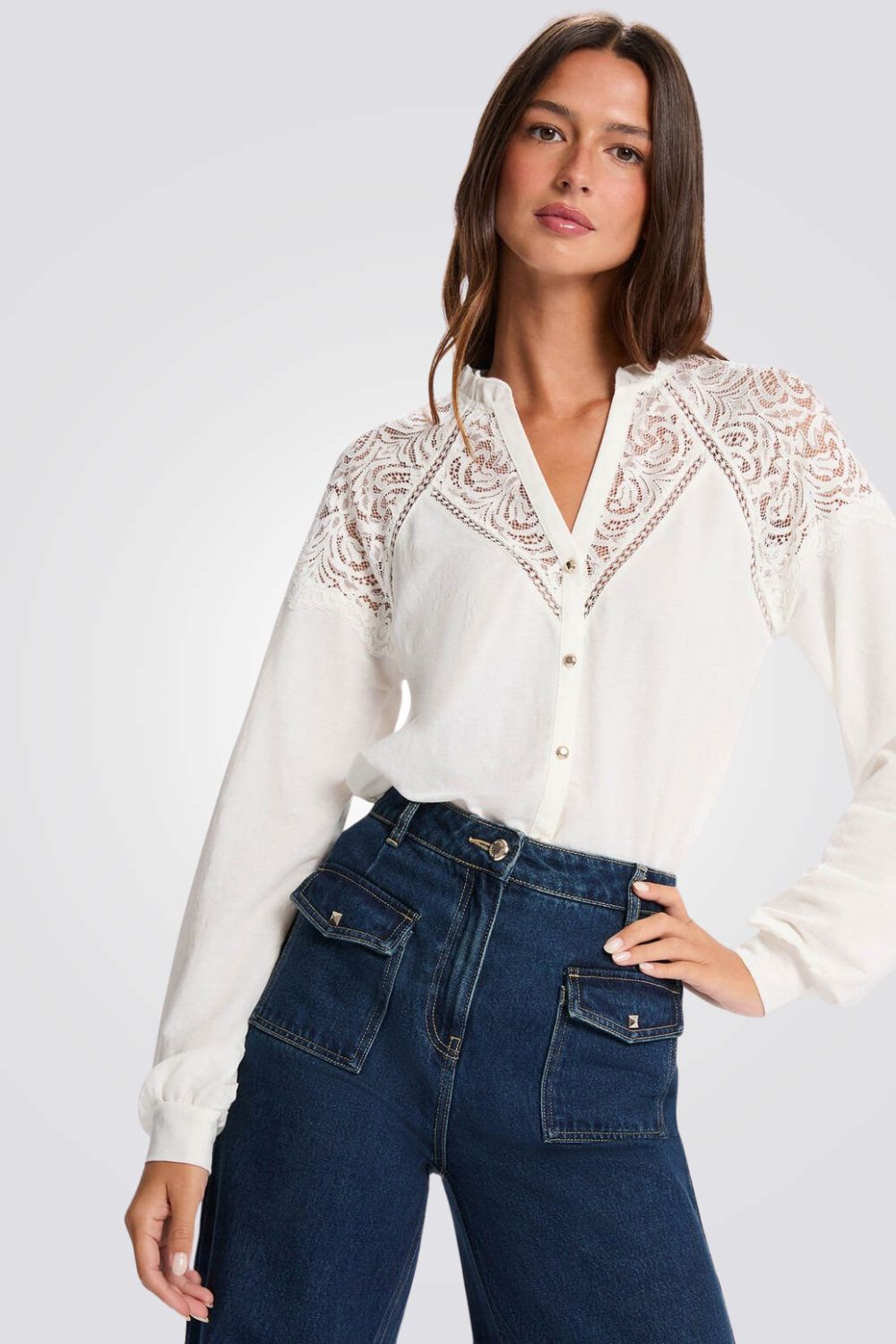 חולצה ארוכה עם תחרה | מורגן 