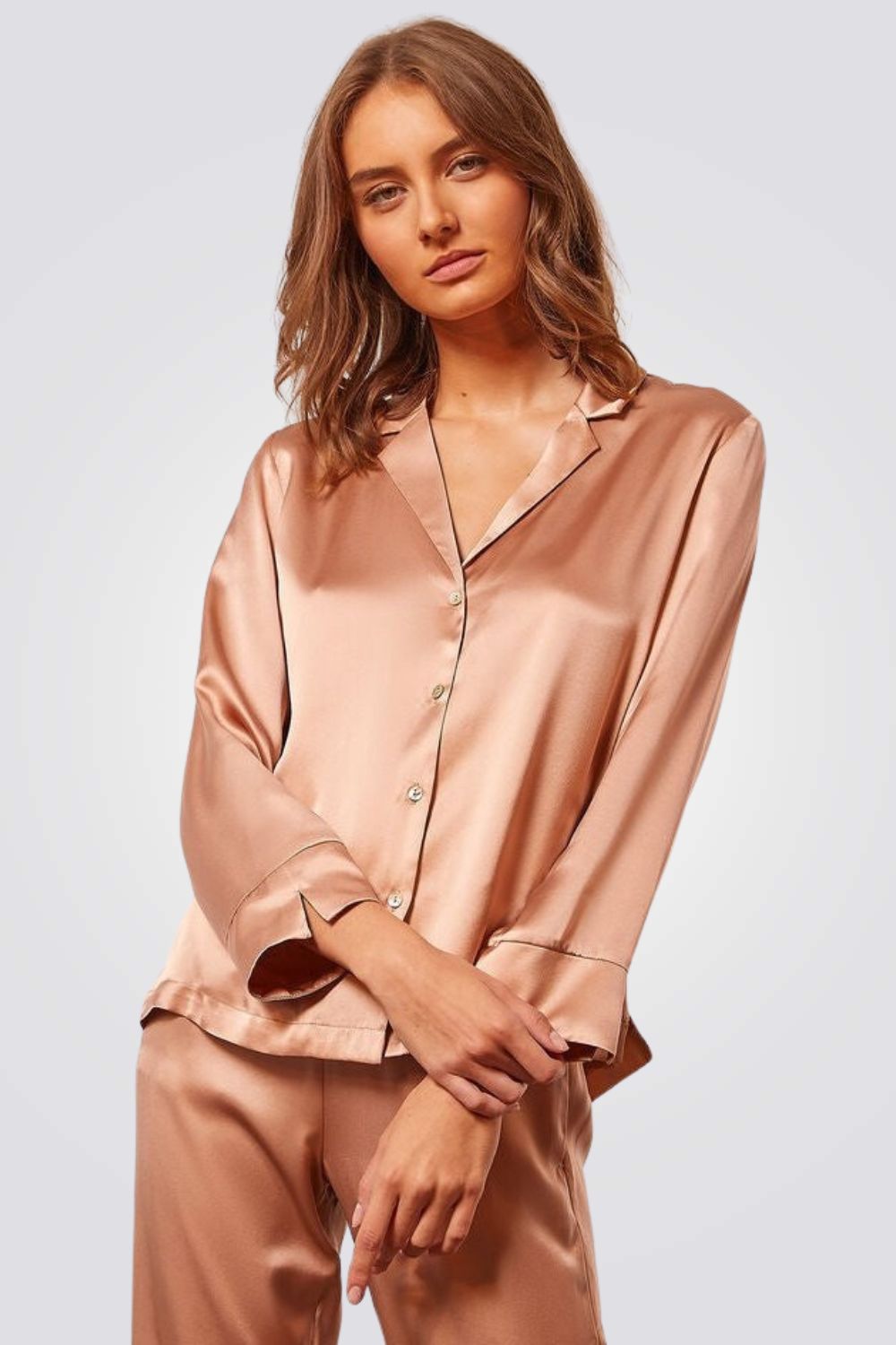 חולצת פיג'מה משי PEARLY ורוד פודרה