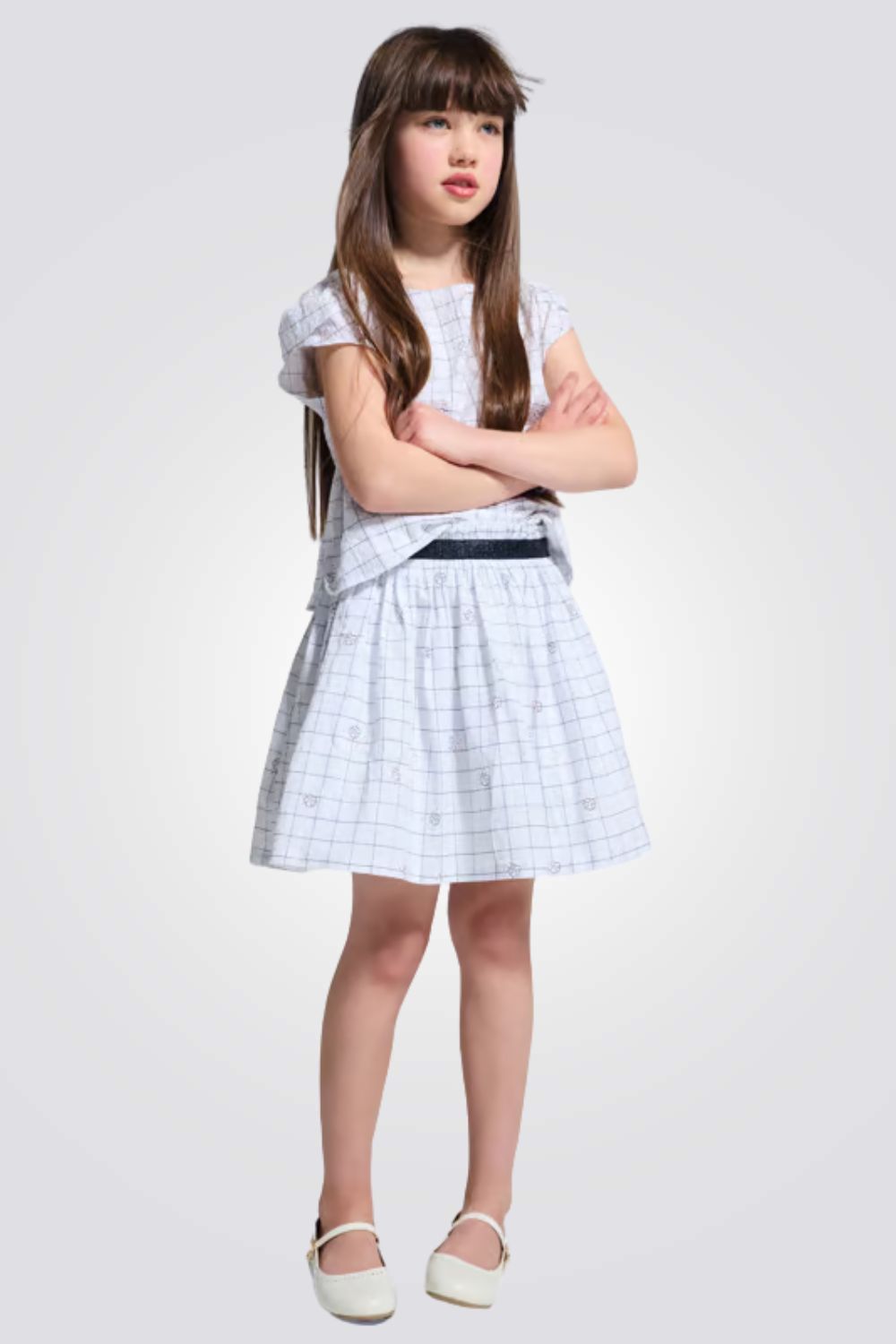 חולצת לבנה משובצת שרוול קצר בנות