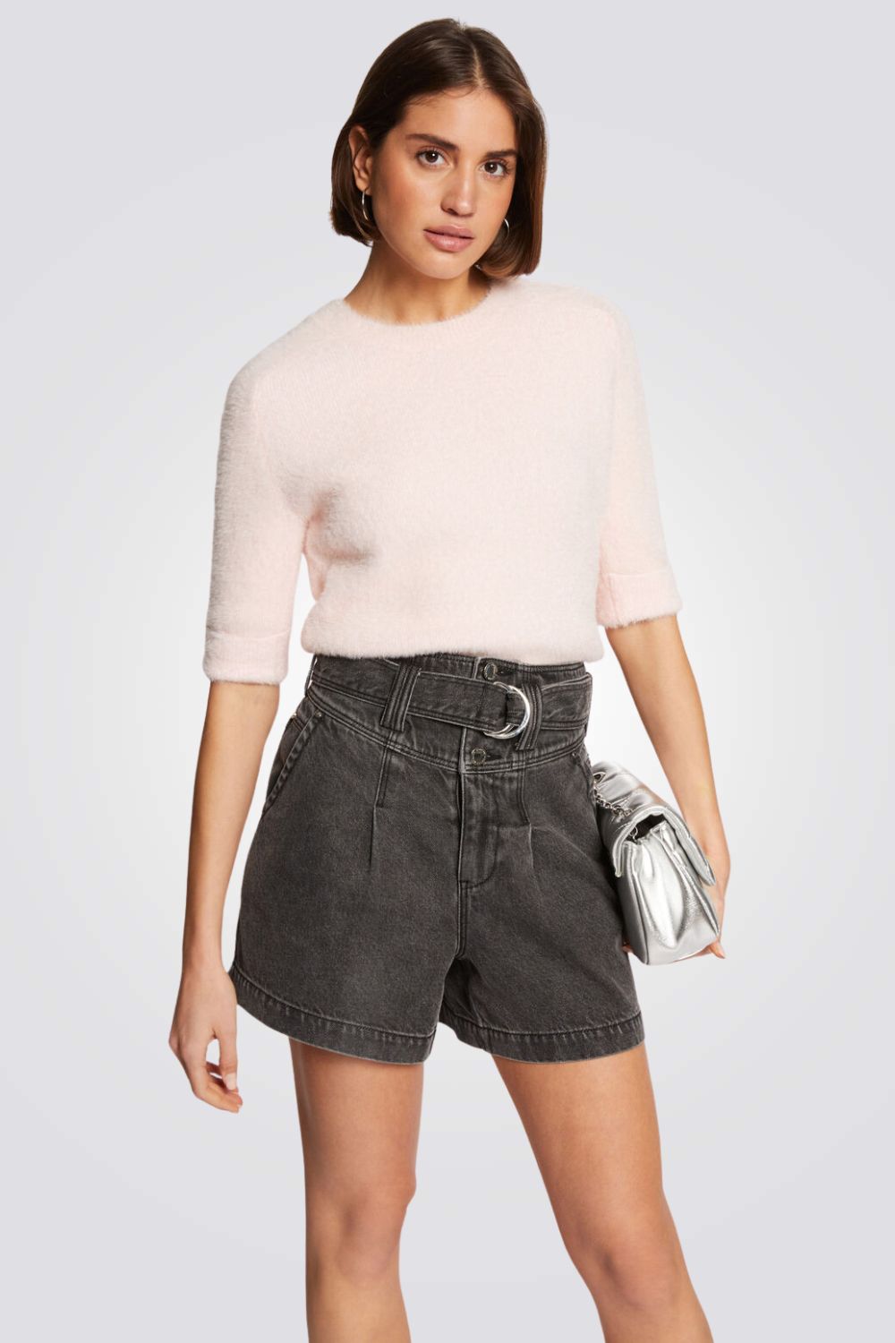 סוודר לנשים עם שרוולים קצרים וצווארון עגול | מורגן 