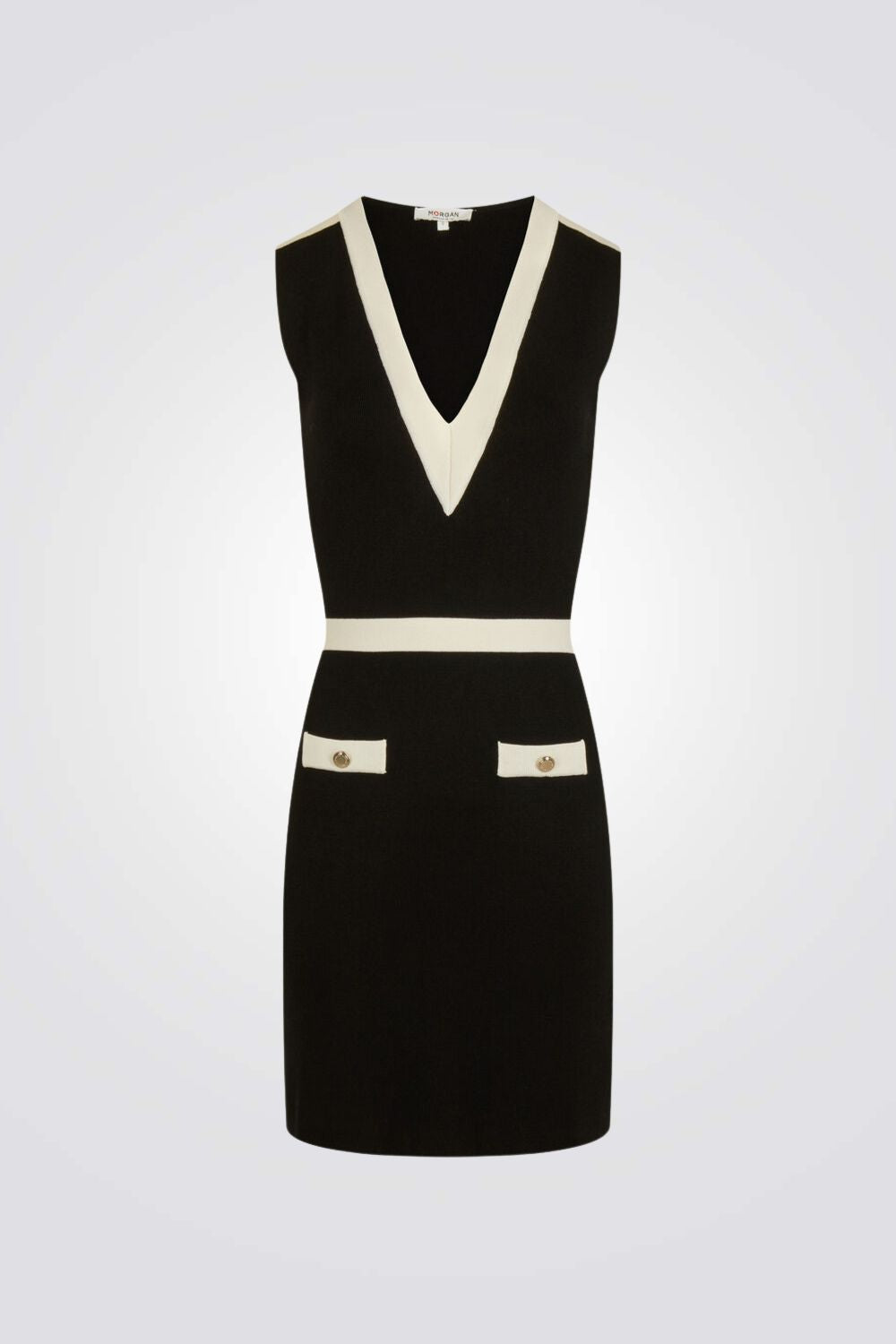 שמלת סריג קצרה בצבע שחור/אוף וויט