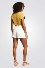 סריג פתוח שרוולים קצרים בצבע חרדל