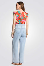 טופ הדפס עלים עם כתפיים מרופדות 