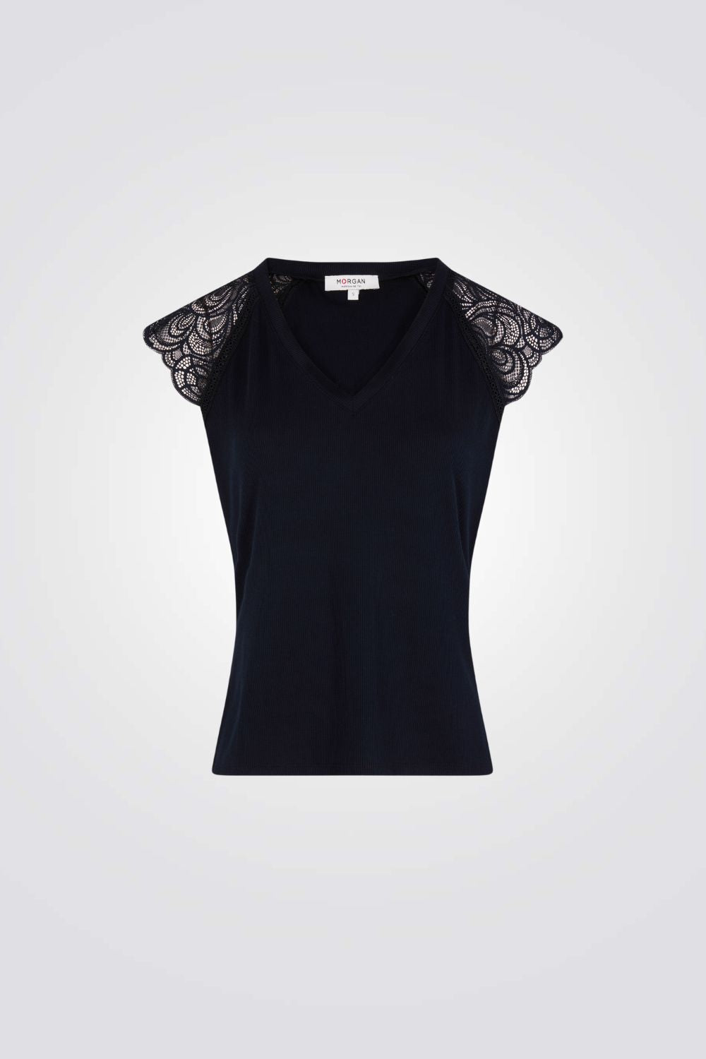 טישירט כתפיות תחרה צווארון וי בצבע נייבי