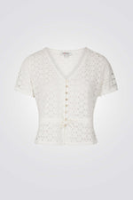 חולצת תחרה כפתורים דקורטיביים בצבע לבן