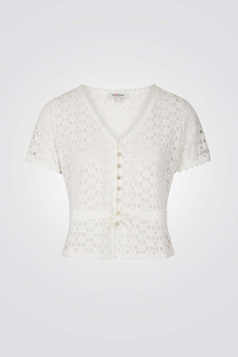 חולצת תחרה כפתורים דקורטיביים בצבע לבן