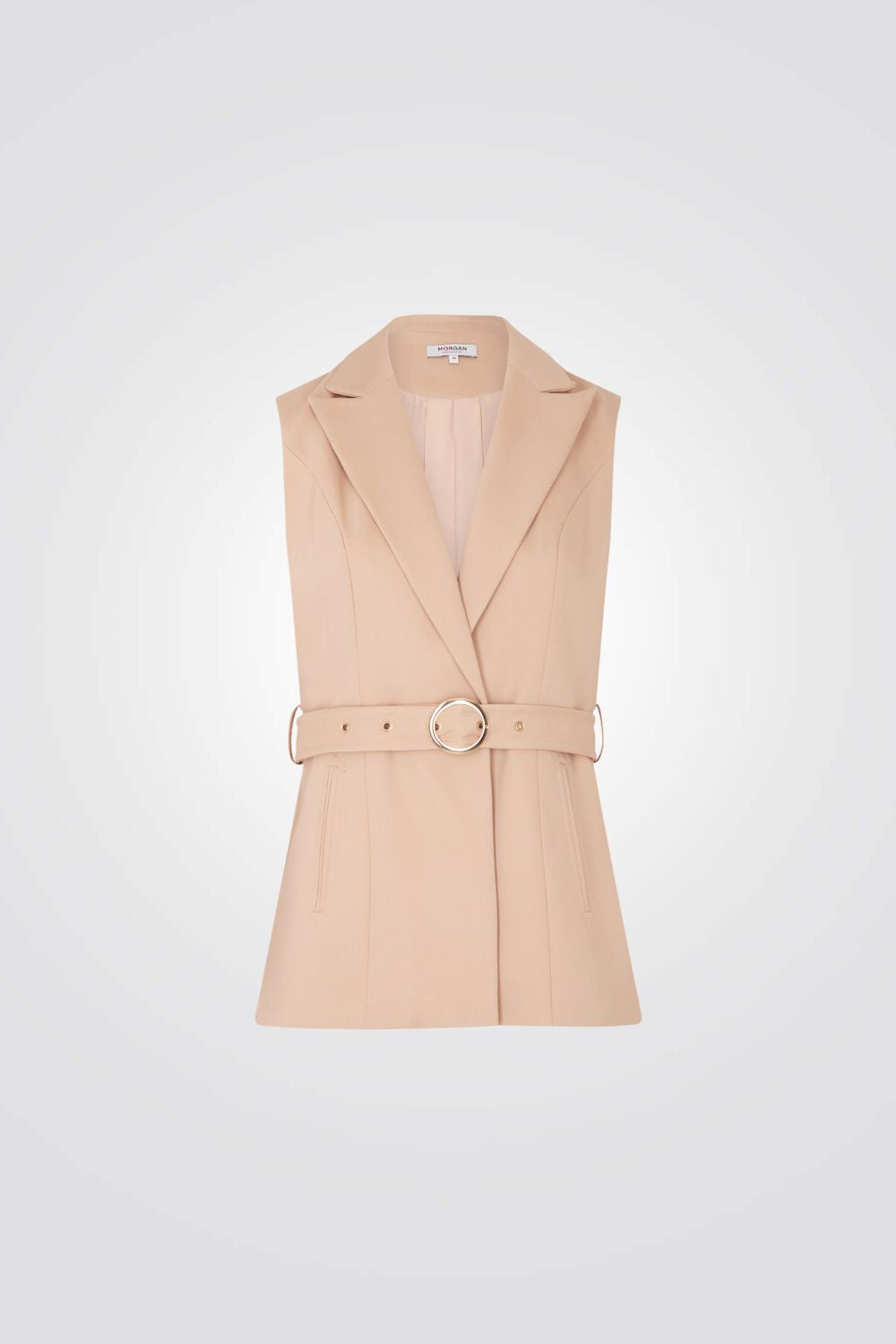 ג'קט ללא שרוולים עם חגורת מותן בצבע חום בהיר