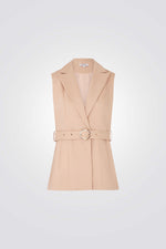 ג'קט ללא שרוולים עם חגורת מותן בצבע חום בהיר