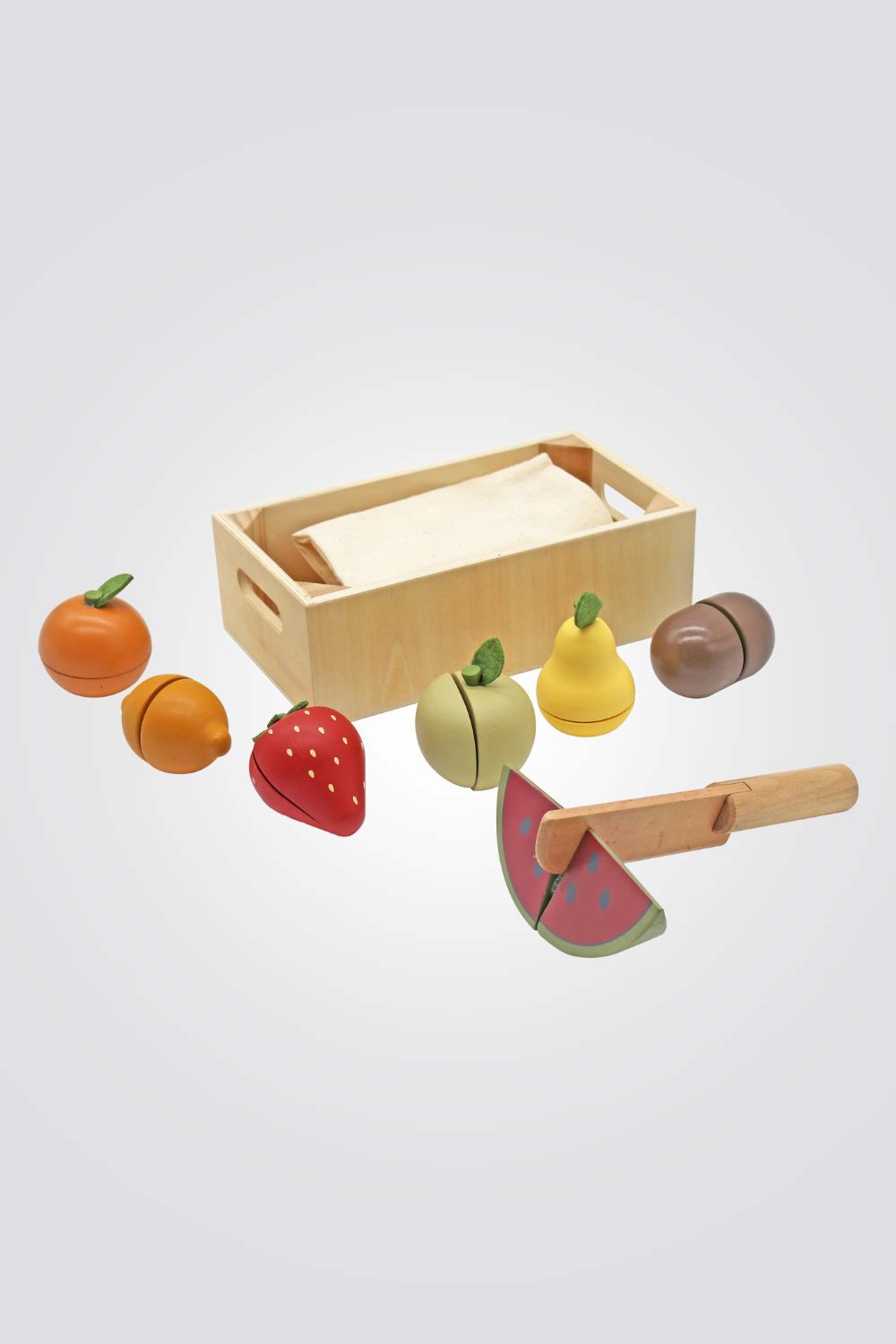 סט פירות למשחק כולל סכין חיתוך, שקית בד וקופסה רב פעמית מעץ | היליס 
