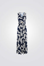שמלת מעטפת מקסי הדפס עלים בצבע כחול כהה/לבן