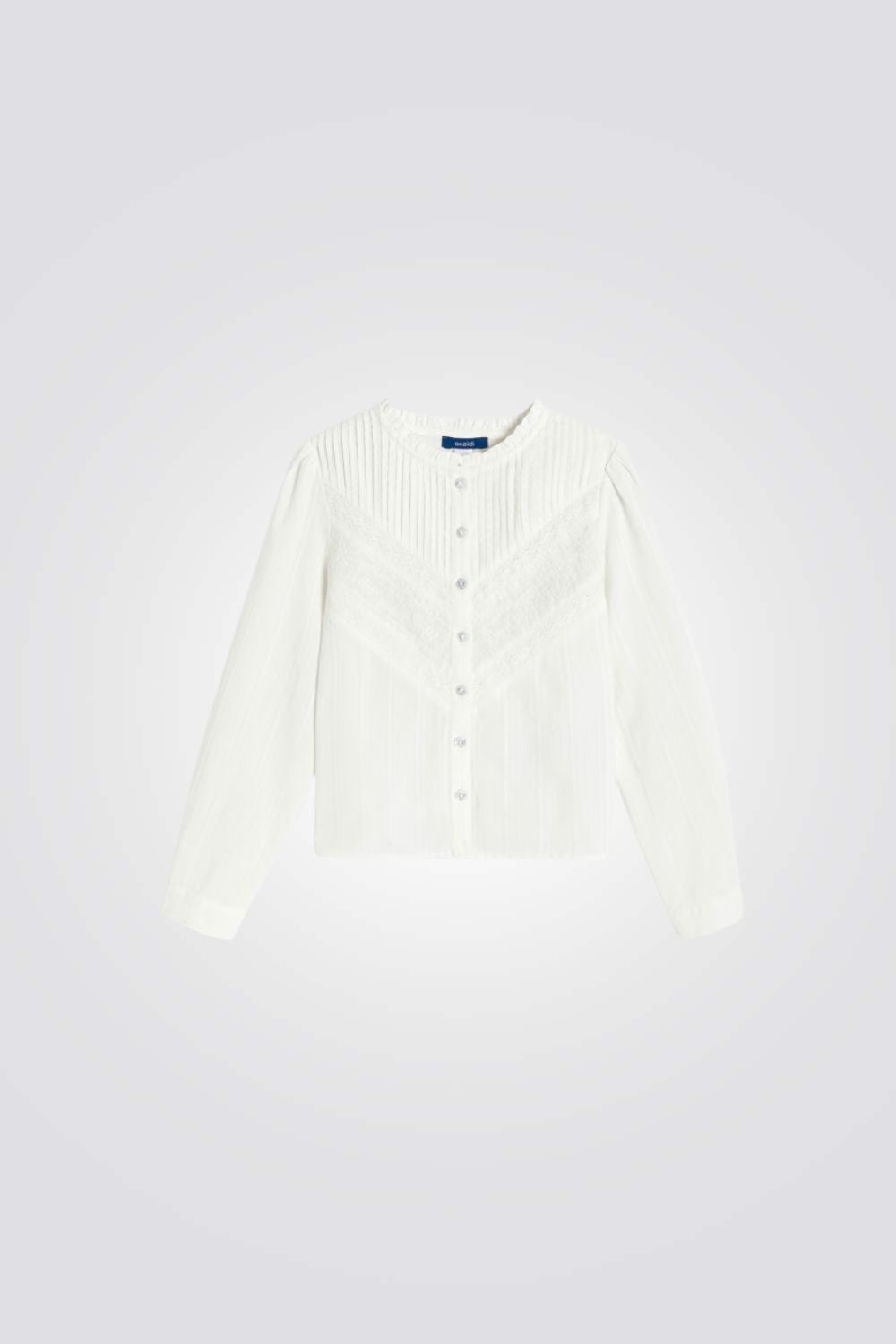 חולצה רקומה עם שרוולים ארוכים לילדות בצבע לבן | אוקאיידי