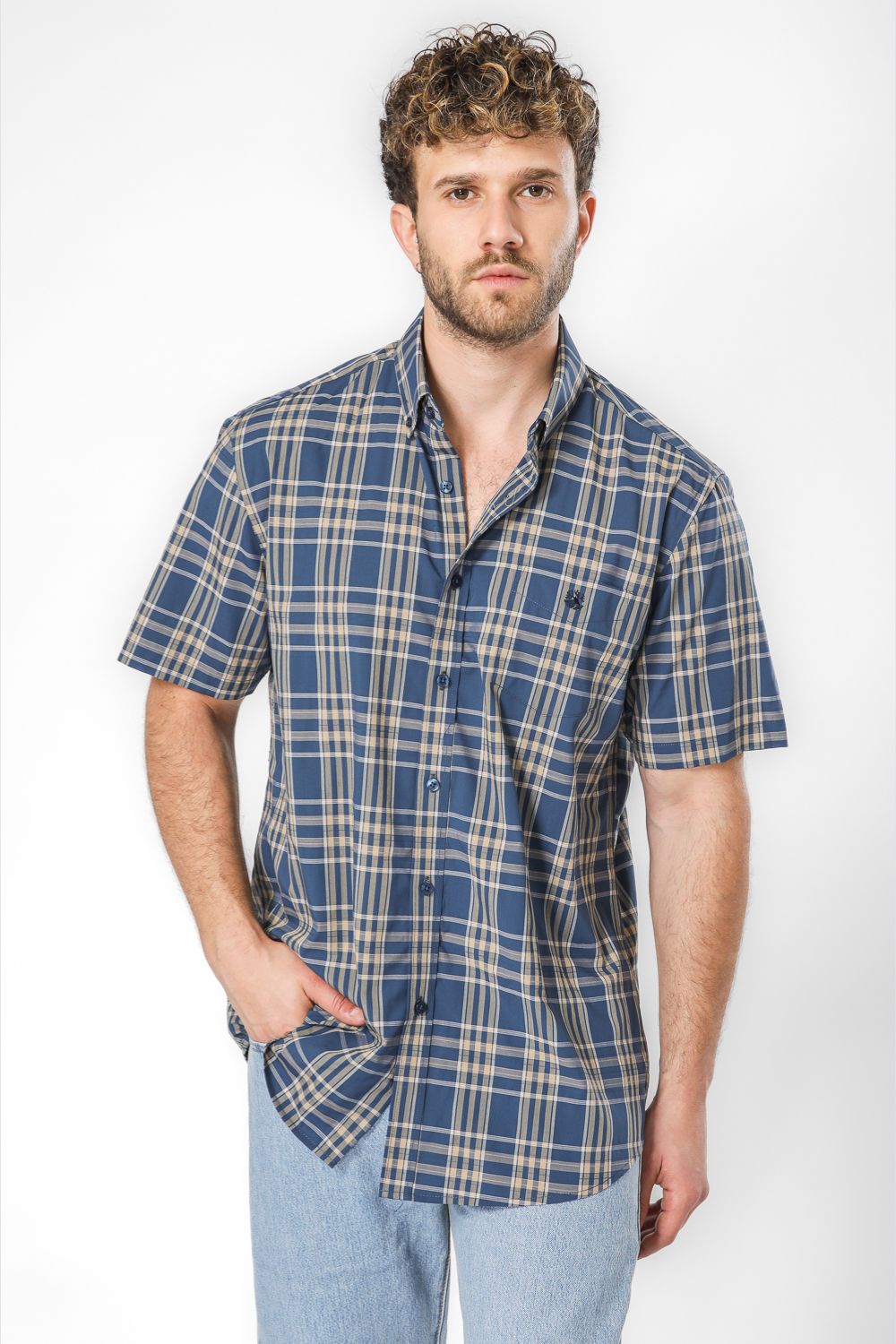 חולצה מכופתרת הדפס משבצות שרוולים קצרים