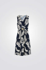 שמלת מעטפת הדפס עלים בצבע כחול כהה/לבן