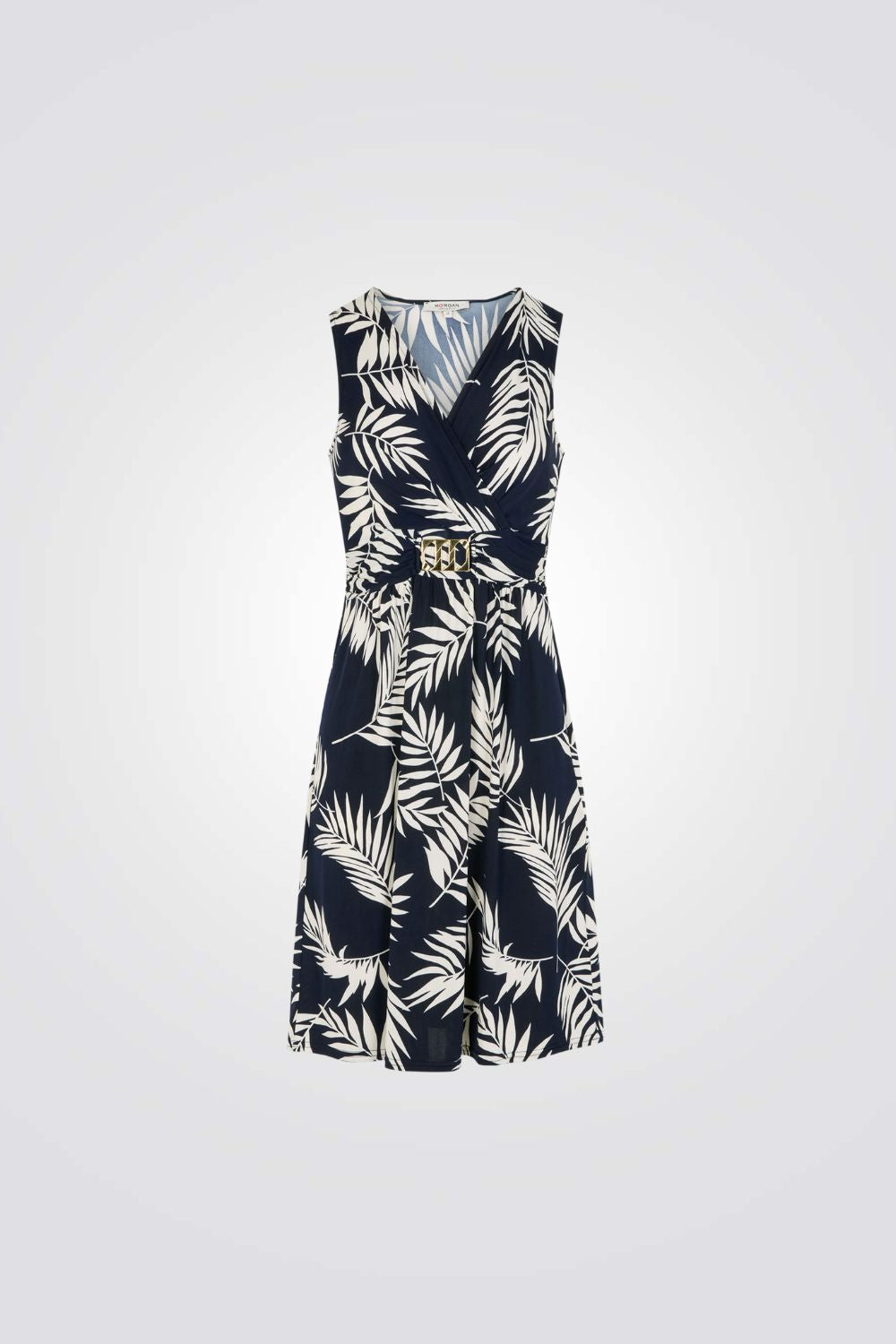 שמלת מעטפת הדפס עלים בצבע כחול כהה/לבן