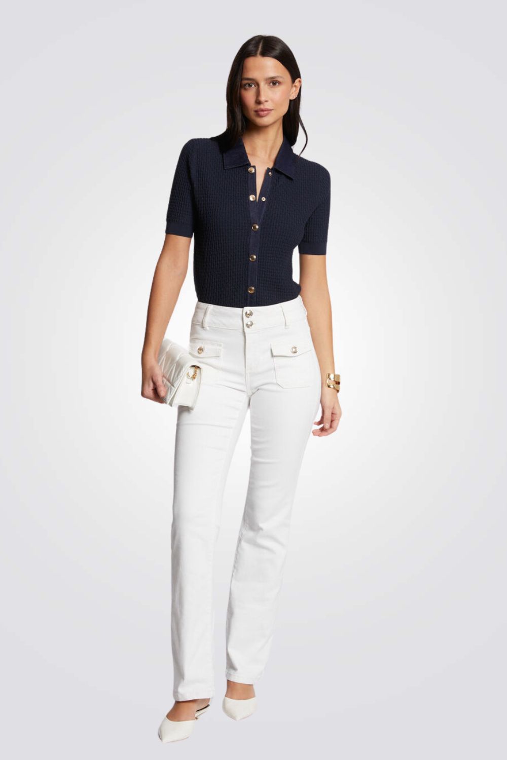 חולצת סריג שרוולים קצרים בצבע נייבי