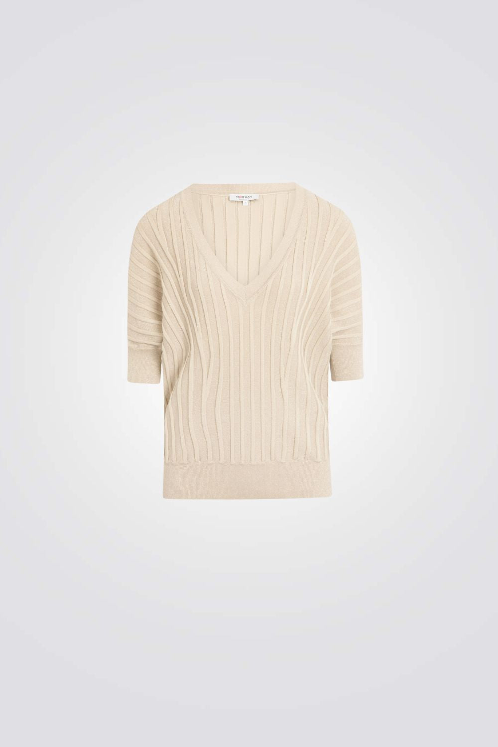 סריג שרוולים קצרים צווארון וי בצבע בז'