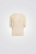 סריג שרוולים קצרים צווארון וי בצבע בז'