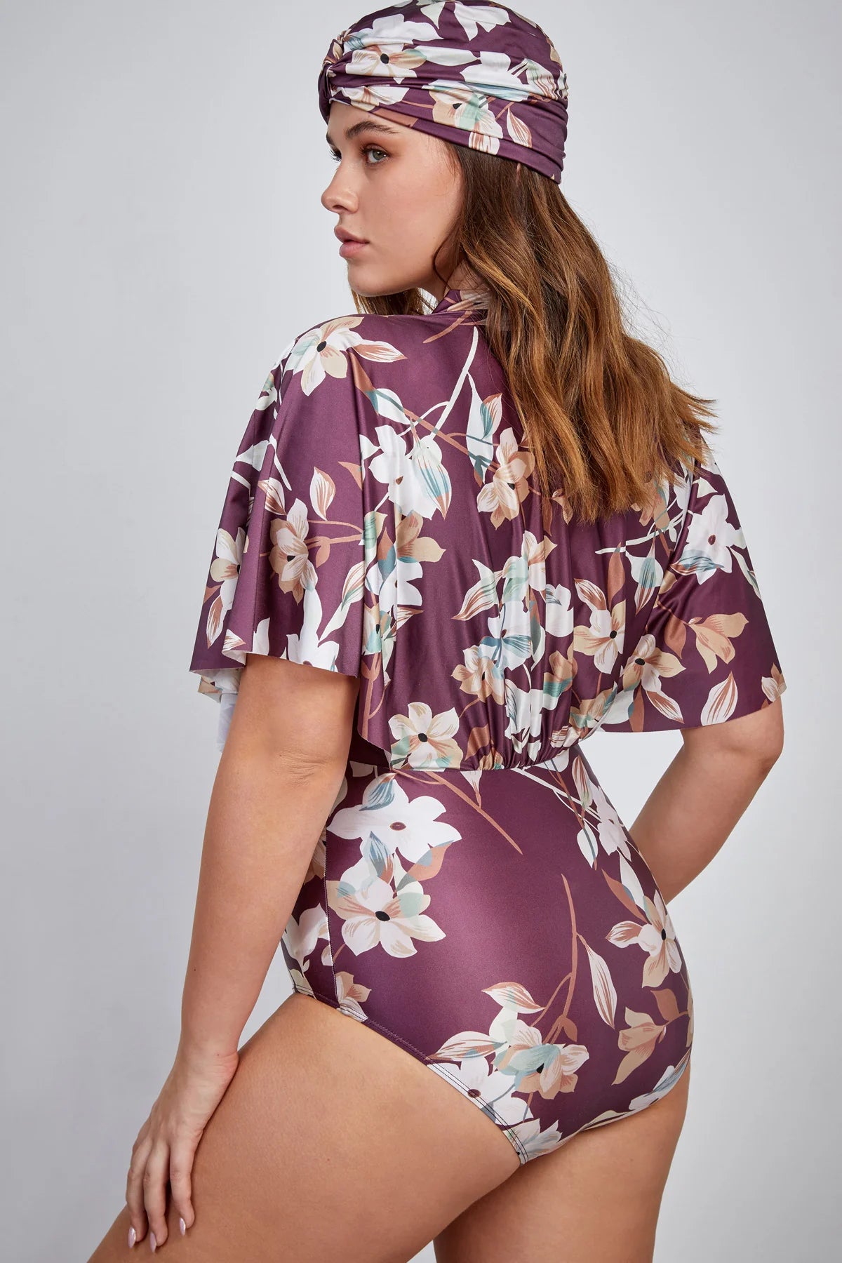 בגד ים שלם מעטפת פרחונית לנשים בצבע סגול