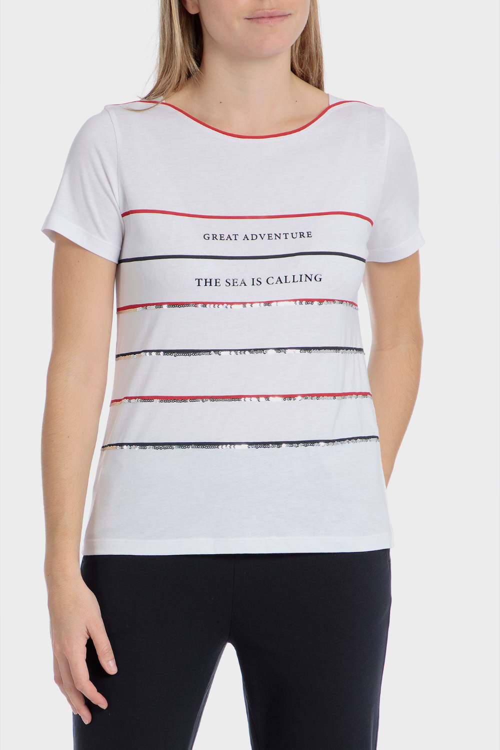 חולצת טי שירט קצרה בצבע טלק עם פסים ופאייטים