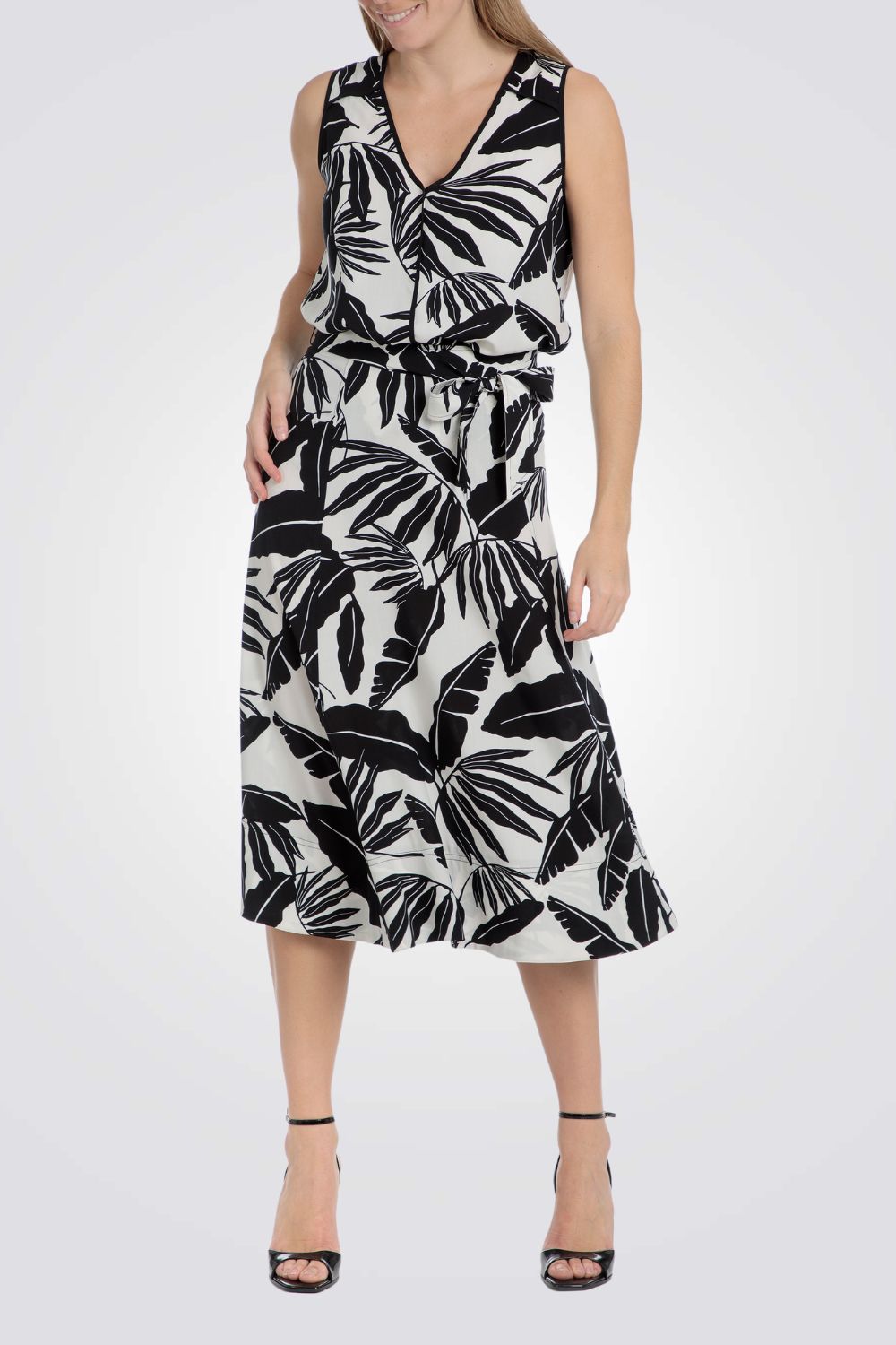 גופיה הדפס עלים בצבע שחור/לבן