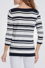 סריג שרוולי שלושת רבעי הדפס פסים בצבע לבן/נייבי