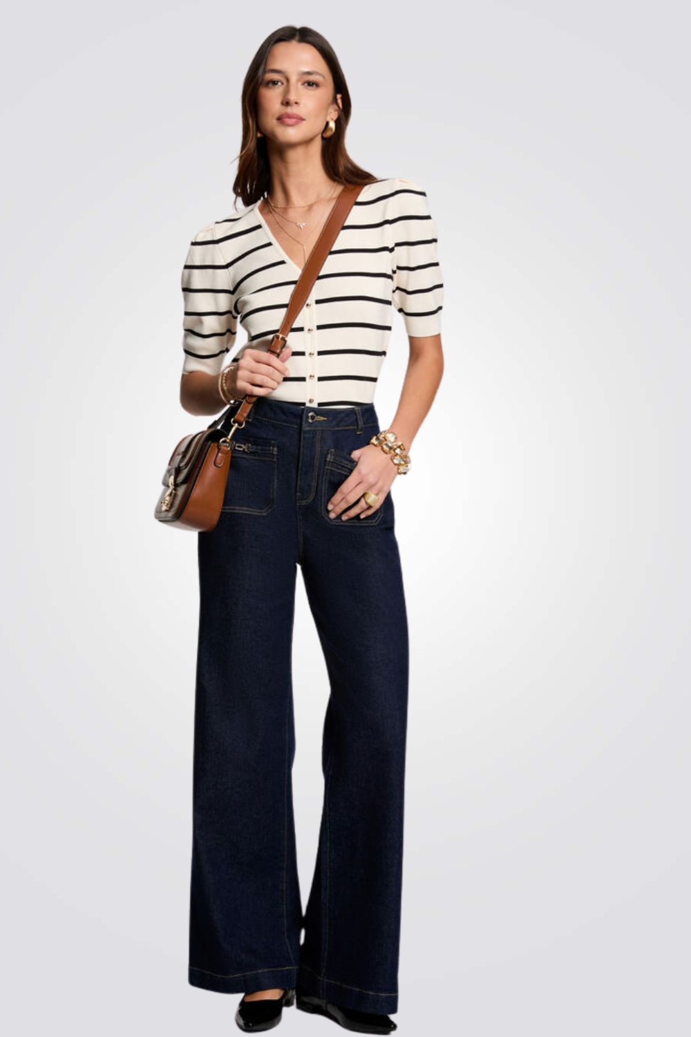 סריג שרוולים קצרים הדפס פסים