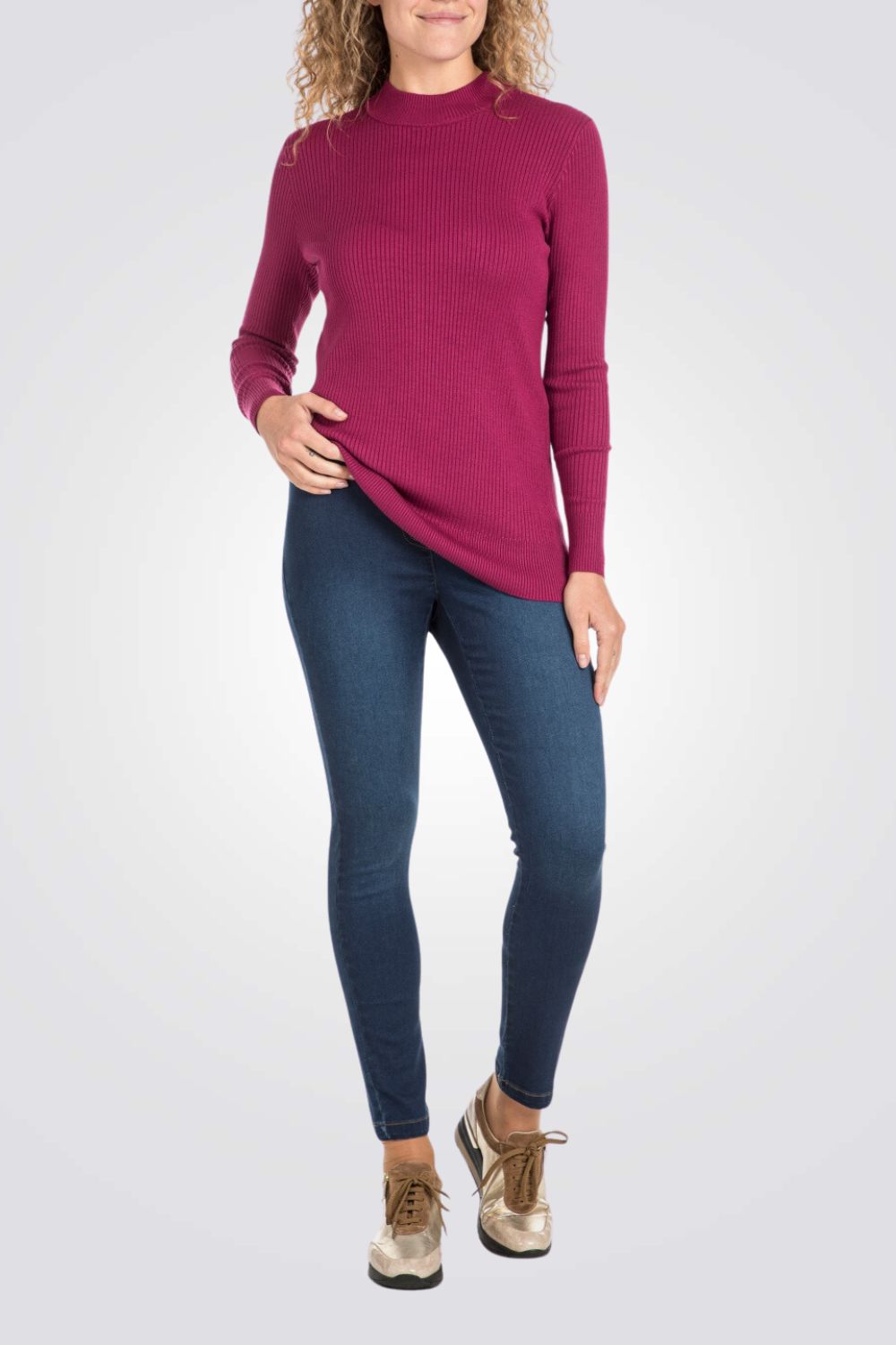 סריג ג'רסי ריב צווארון גבוה בצבע ורוד פוקסיה