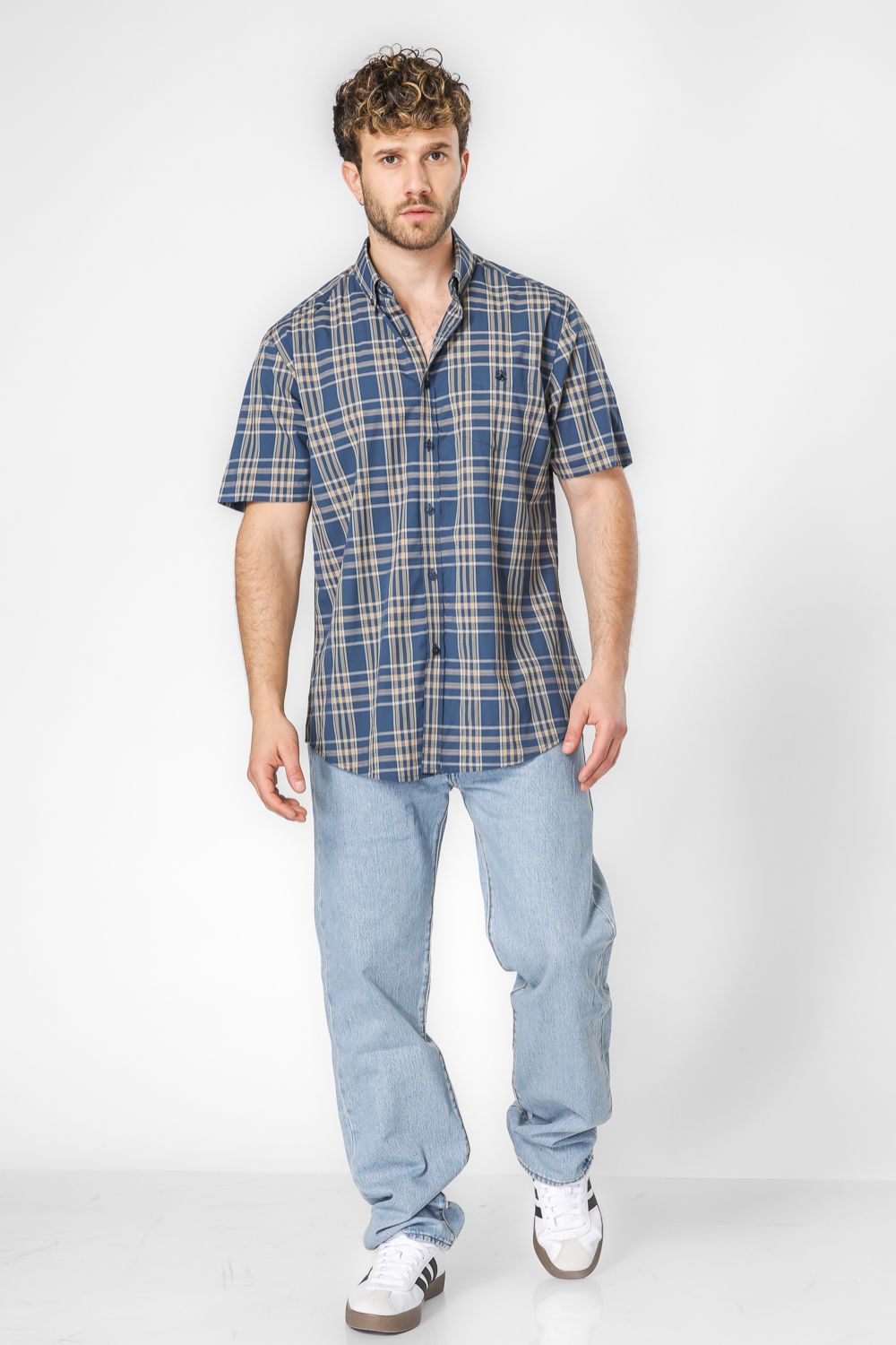 חולצה מכופתרת הדפס משבצות שרוולים קצרים