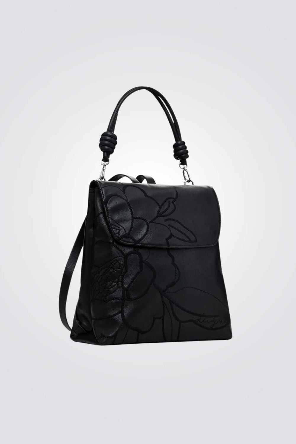 תיק גב מיני דמוי עור בצבע שחור רקמה פרחונית