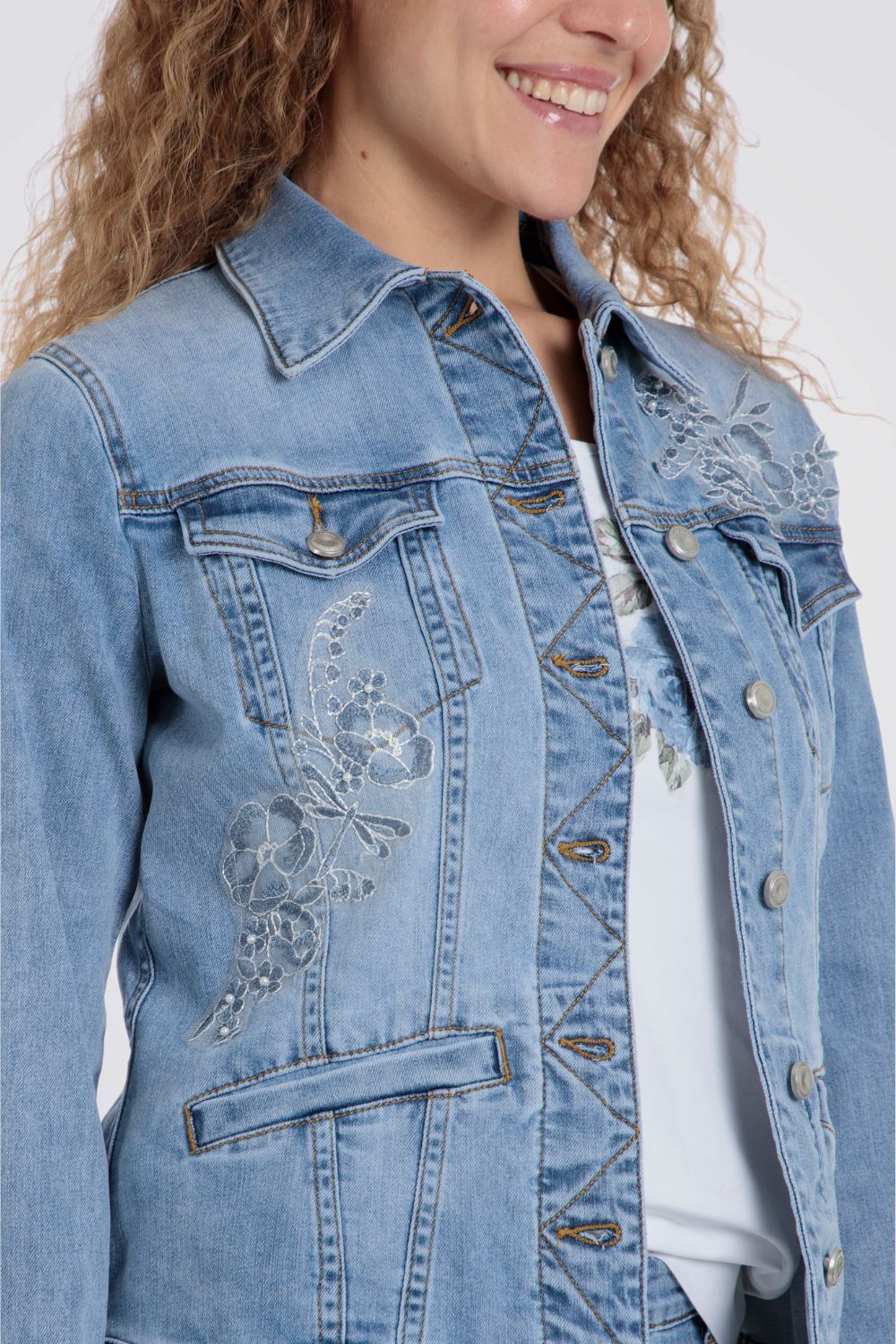 ג'קט ג'ינס עיטור פרחוני עם פנינים
