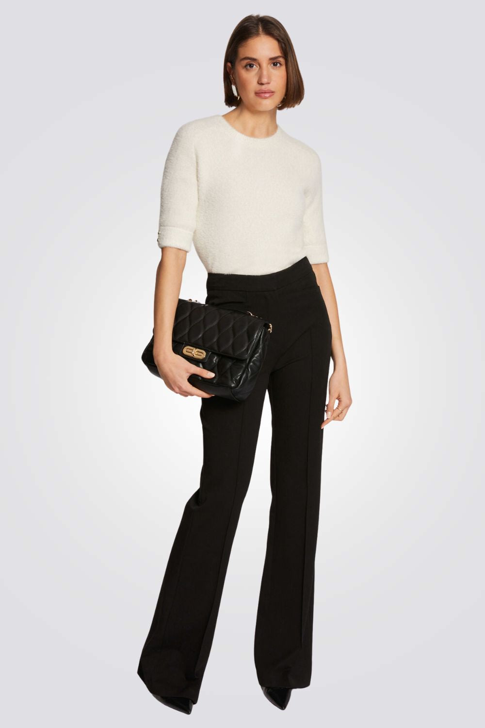 סוודר לנשים עם שרוולים קצרים וצווארון עגול | מורגן 