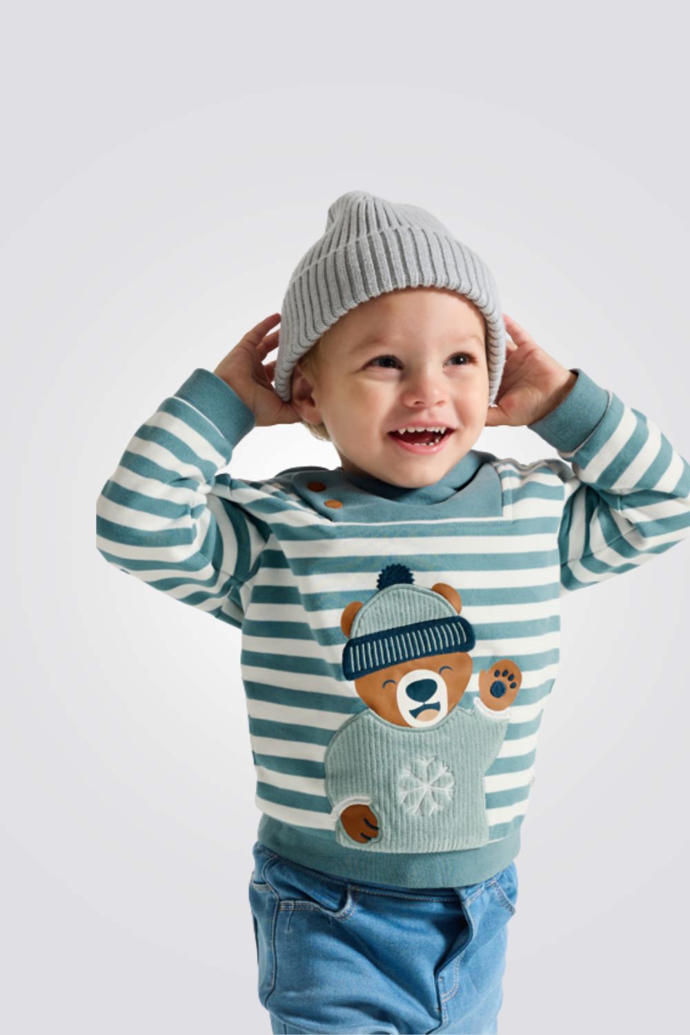 סווטשירט לתינוקות עם הדפס פסים ודובי | אובייבי 