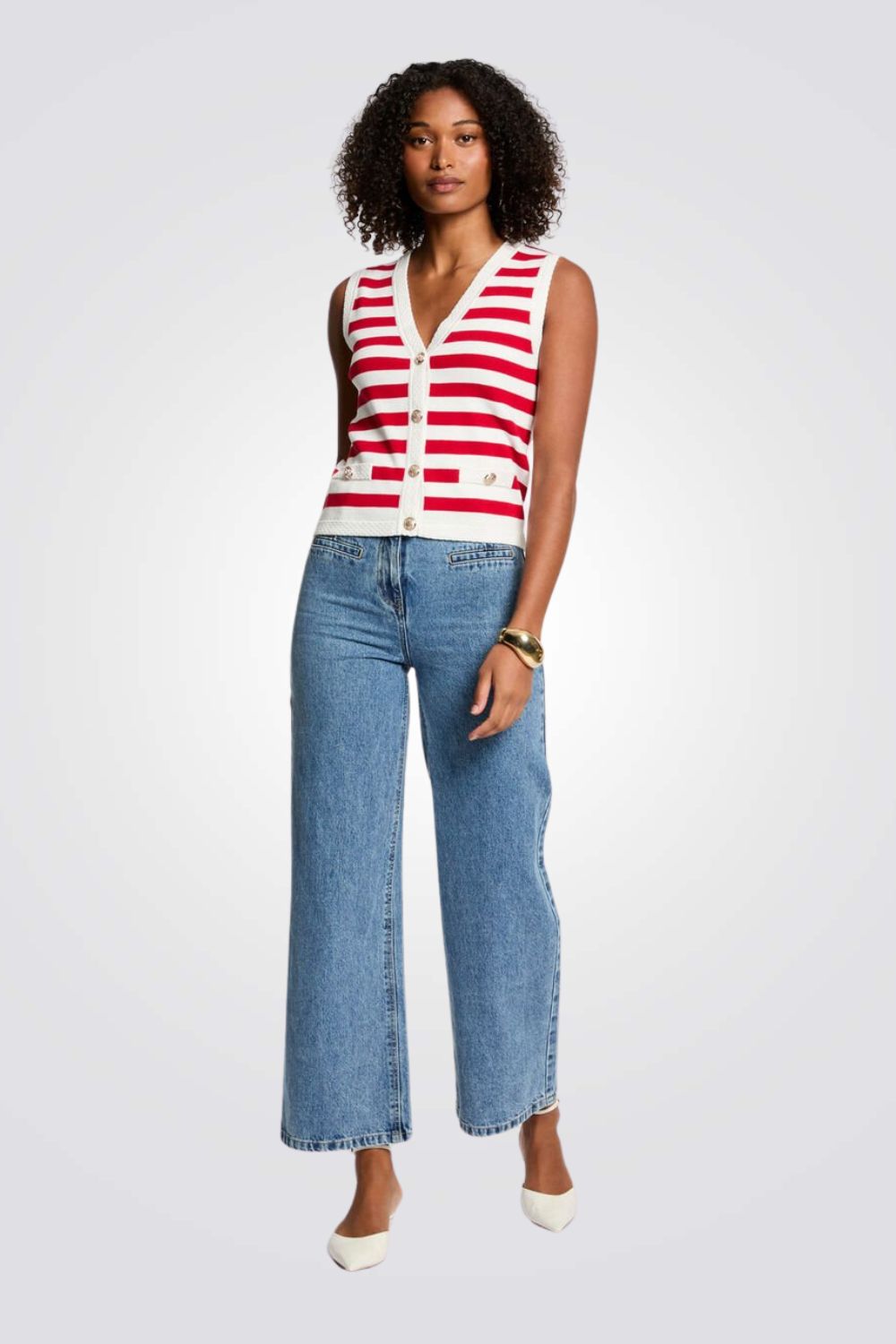 ווסט סריג הדפס פסים בצבע לבן/אדום