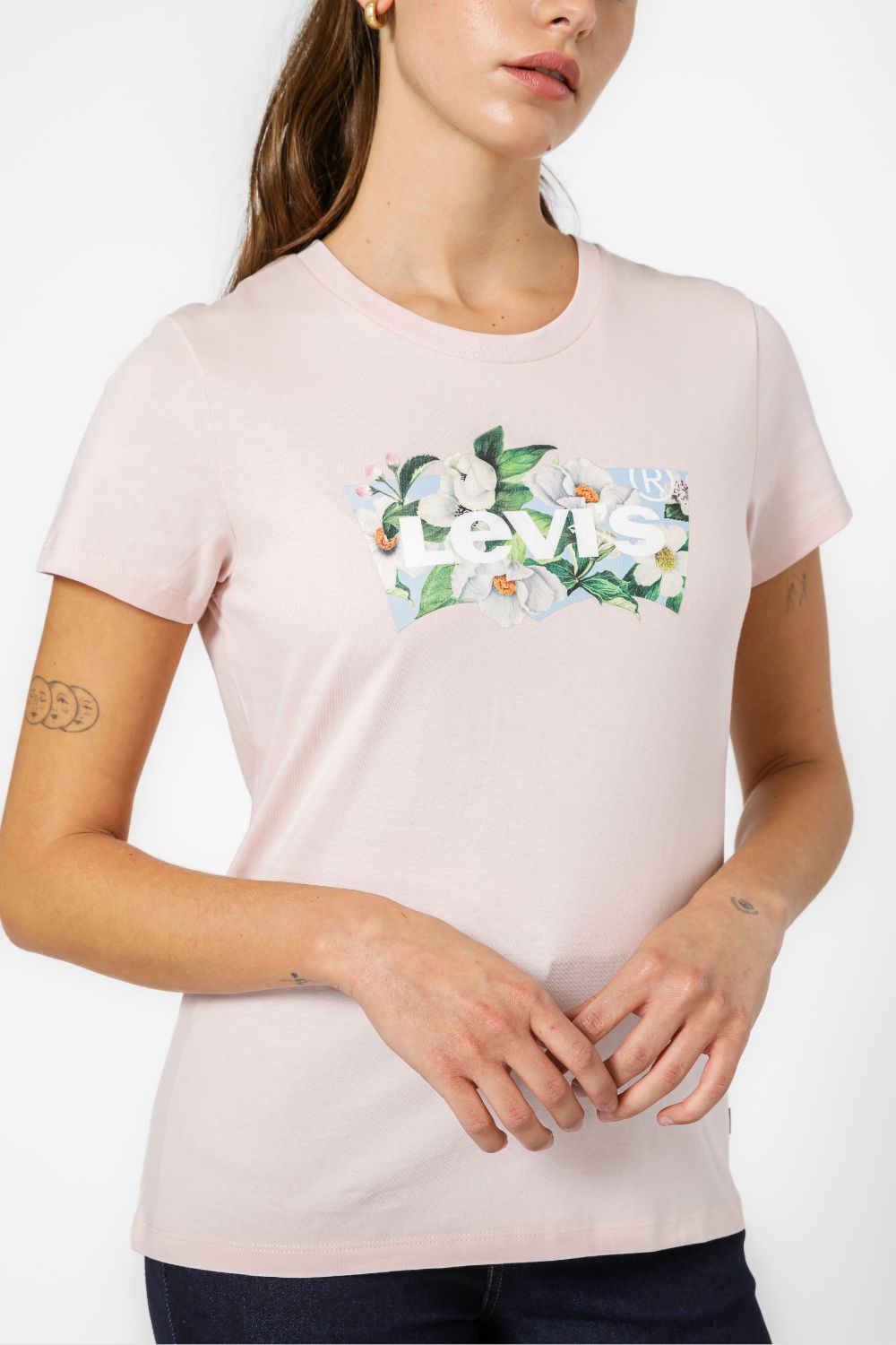 טישרט בצבע ורוד בהיר הדפס לוגו פרחוני בחזית