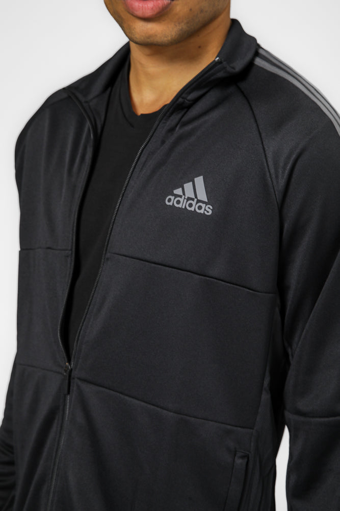 ג'קט אימון לגברים AEROREADY SERENO CUT 3-STRIPES SLIM בצבע אפור ושחור