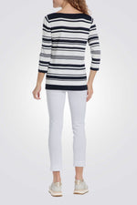 סריג שרוולי שלושת רבעי הדפס פסים בצבע לבן/נייבי