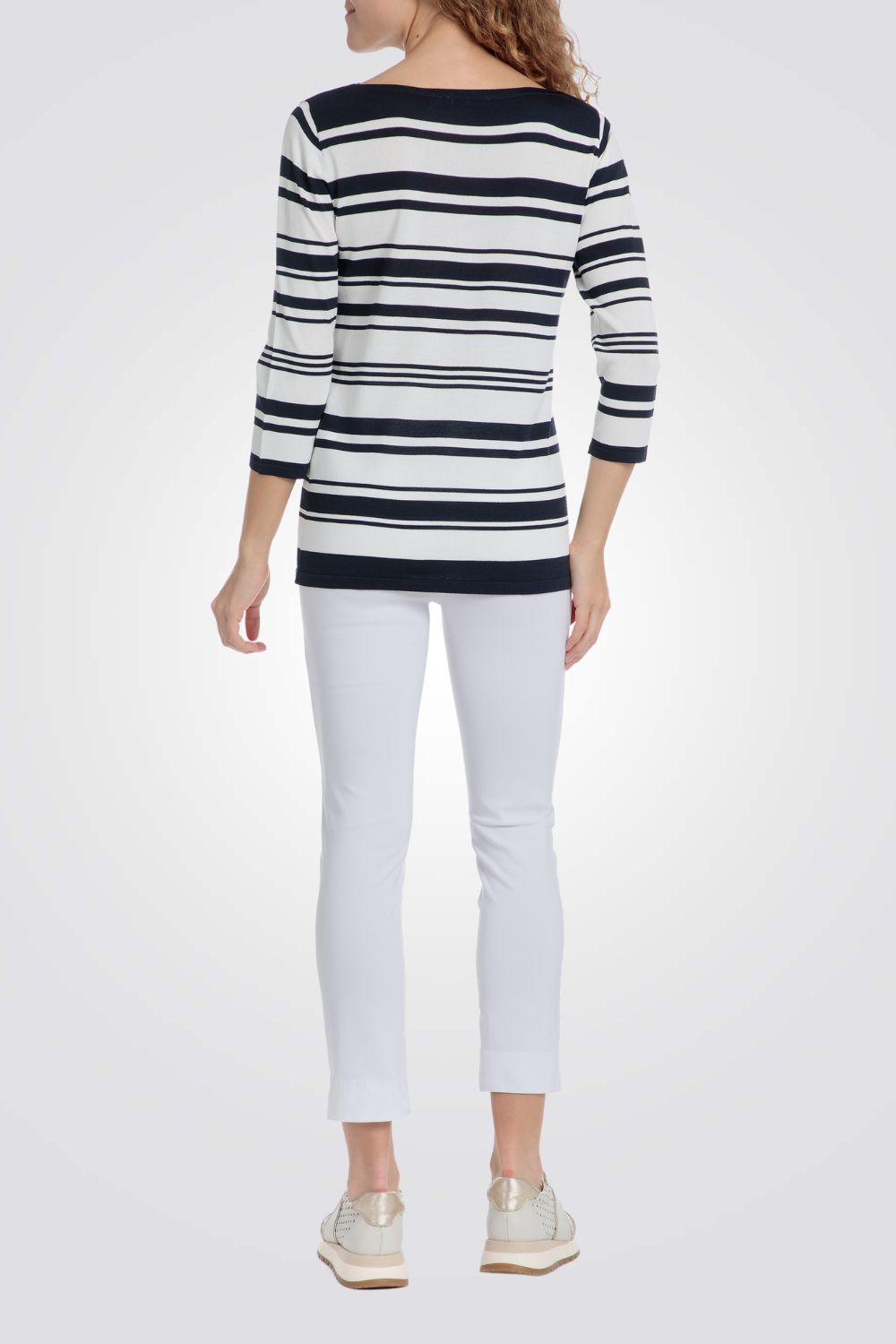 סריג שרוולי שלושת רבעי הדפס פסים בצבע לבן/נייבי