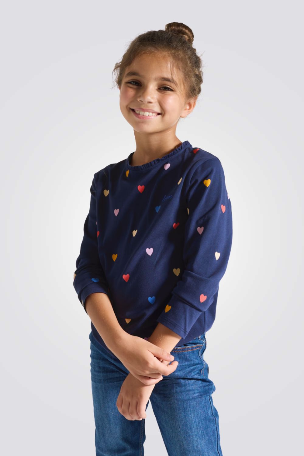 חולצת טריקו ארוכה לילדות עם הדפס לבבות | אוקיידי