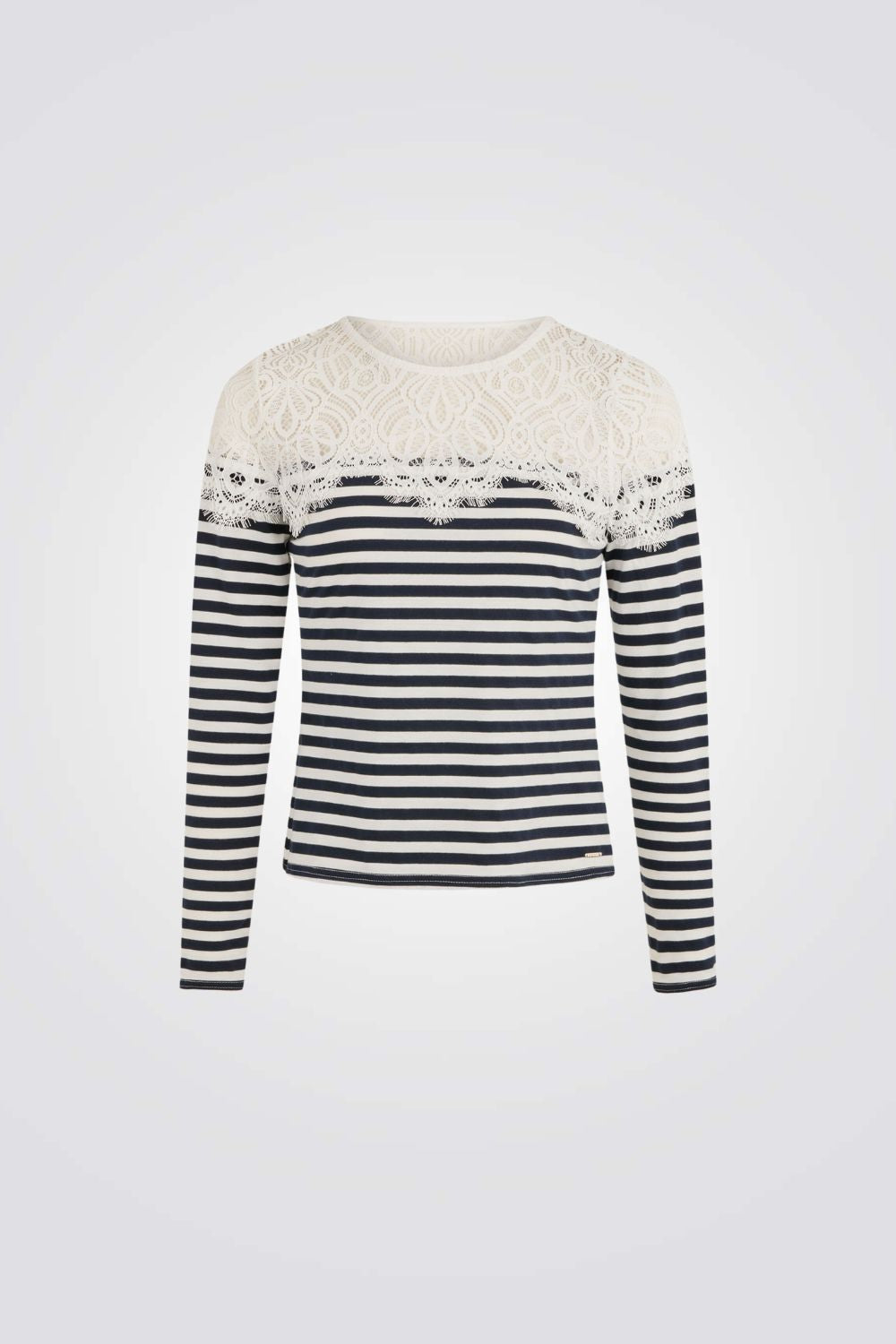 טישירט הדפס פסים בשילוב תחרה נייבי/לבן